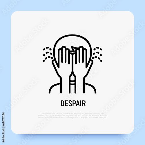 Despair thin line icon: man closed his face by hands. Frustration, loneliness, panic attack. Vector illustration of negative emotion, depression, anxiety.