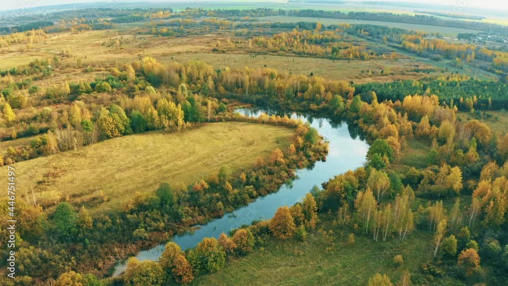 4K Aerial View Of Autumn River Coasts Landscape. Top View Of Beautiful European Nature From High Attitude. Drone Flight View. Bird's Eye Elevated View Of Yellow Lush Forest Woods In Sunny Fall Day 4K Aerial View Of Autumn River Coasts Landscape. Top View Of Beautiful European Nature From High Attitude. Drone Flight View. Bird's Eye Elevated View Of Yellow Lush Forest Woods In Sunny Fall Day