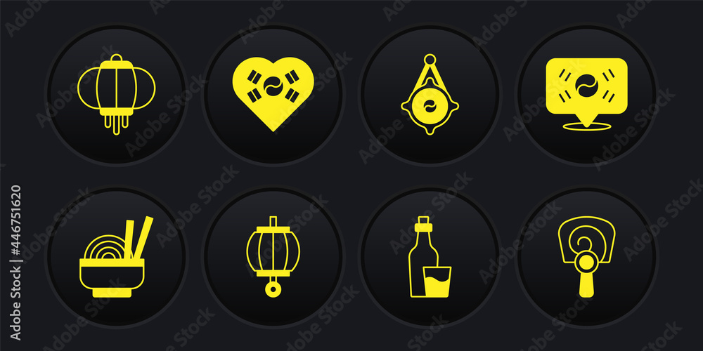 Set Asian noodles in bowl, Location South Korea, Korean lantern, Soju bottle, Love with heart, hand fan and icon. Vector Set Asian noodles in bowl, Location South Korea, Korean lantern, Soju bottle, Love with heart, hand fan and icon. Vector