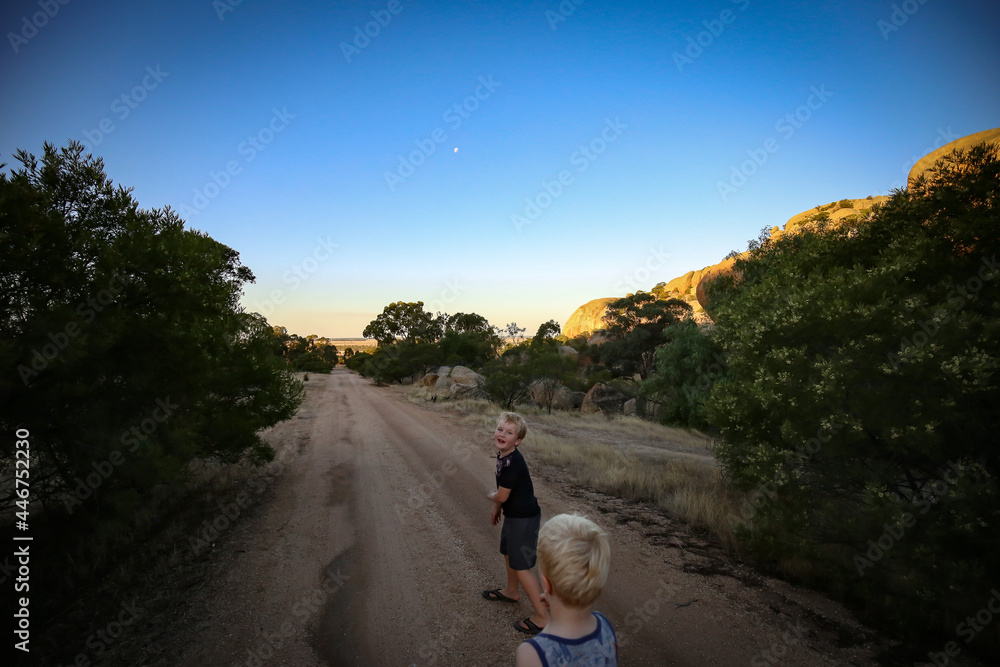 Happy little boys walking and playing on dirt road. Fun adventure in nature with kids.
