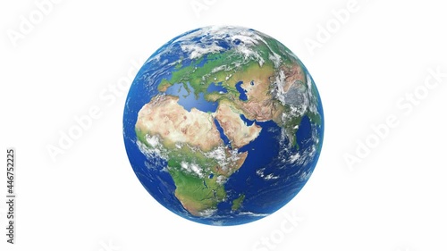 Seamless loop animation of rotating realistic planet Earth on a white background