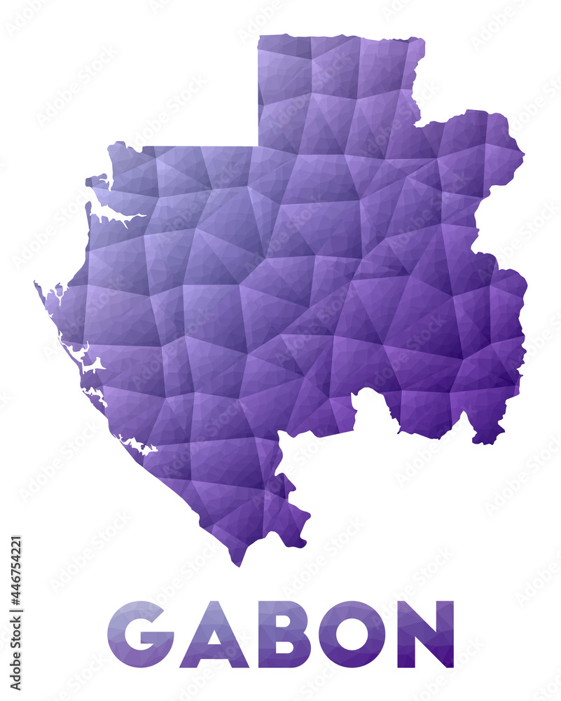 Map of Gabon. Low poly illustration of the country. Purple geometric design. Polygonal vector illustration.