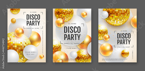 3D abstract background with colorful golden spheres and disco ball spheres.  Disco ball background. Set of disco party posters. Vector illustration