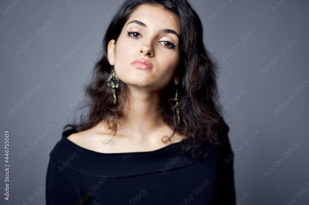 pretty woman in dark dress decoration posing isolated background pretty woman in dark dress decoration posing isolated background