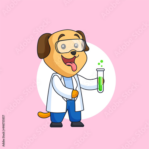 Dog wearing white coat and glasses carrying green chemical liquid vector illustration for scientist occupation animal mascot character vector illustration cartoon design