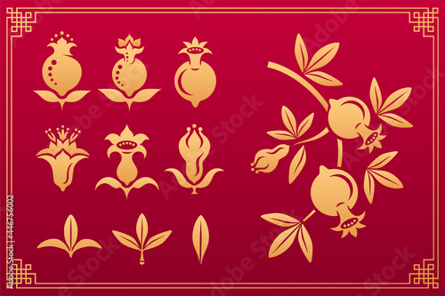 Chinese pattern. Asian orient gold decorative floral plant elements and ornaments: garnet flower, fruits, leaves and blossom isolated on red background with gold frame. Vector set.