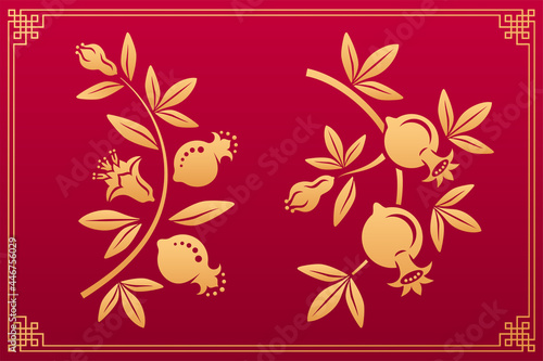 Chinese pattern. Asian orient gold decorative floral plant elements and ornaments: garnet flower, fruits, leaves and blossom isolated on red background with gold frame. Vector set.