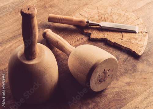 Still life of carving tools on wooden table