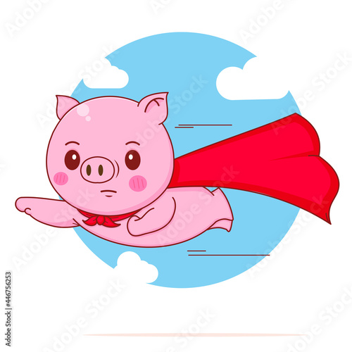 Cute pig flying with red cloak cartoon character illustration