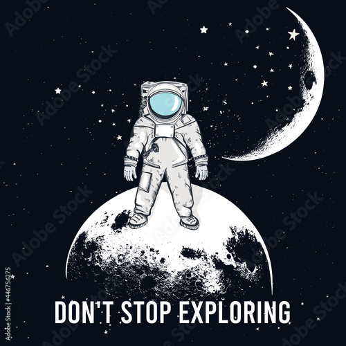 Fashion hipster vector illustration with spaceman and moon, explore