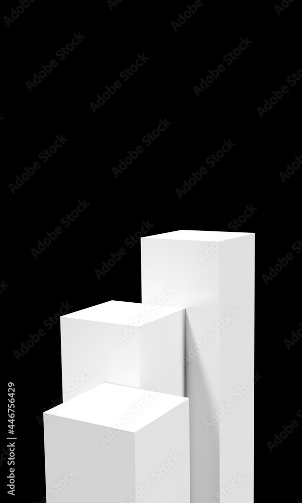 Product setting podium white abstract minimalist geometric, minimal light interior, object placement, abstract black background room, 3d rendering. 