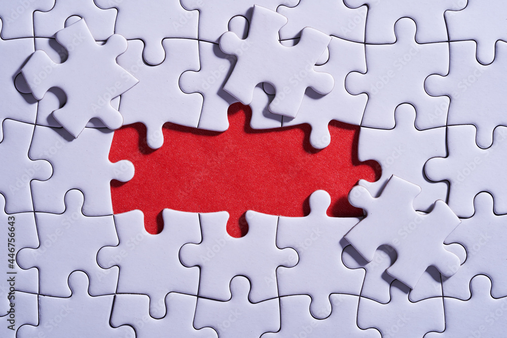 Blank puzzle background, jigsaw puzzle with some missing pieces for copy space