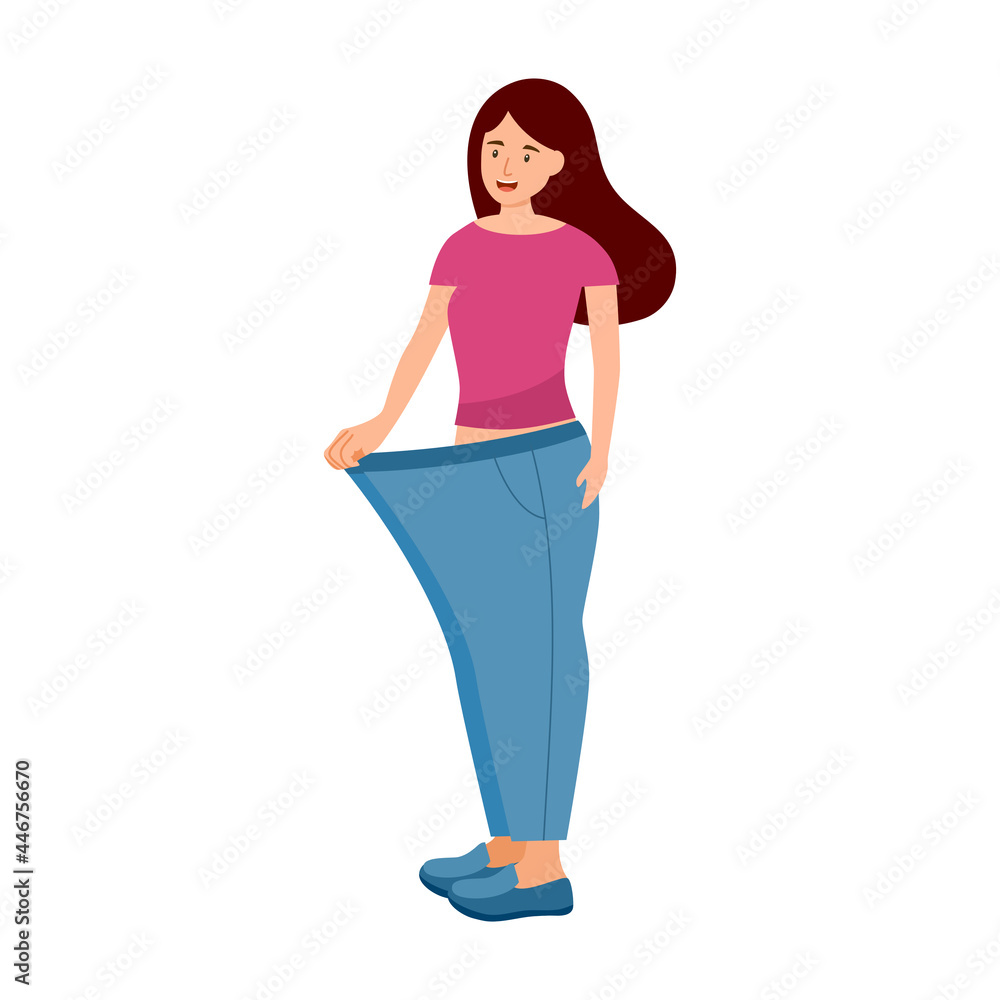 Young woman after weight loss trying her old jeans in flat design on white background. Slim good shape female after dieting and exercise. Young woman after weight loss trying her old jeans in flat design on white background. Slim good shape female after dieting and exercise.