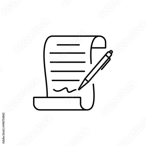 Icon of signature with pen on the paper isolated on white background. Pen signing a contract with signature, paper, page, or document. Certificate icon business concept. Simple icon vector design.