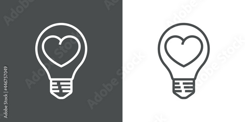 Símbolo I love idea. Logo con bombilla con corazón con lineas en fondo gris y fondo blanco
