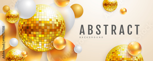 3D abstract background with colorful golden spheres and disco ball spheres. Disco ball background. Disco party poster. Vector illustration