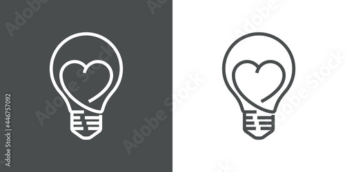 Símbolo I love idea. Logo con bombilla con corazón con lineas en fondo gris y fondo blanco
