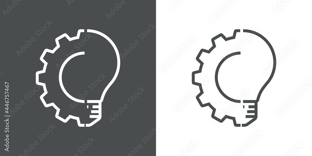 Logotipo de bombilla con engranaje con lineas en fondo gris y fondo blanco Logotipo de bombilla con engranaje con lineas en fondo gris y fondo blanco