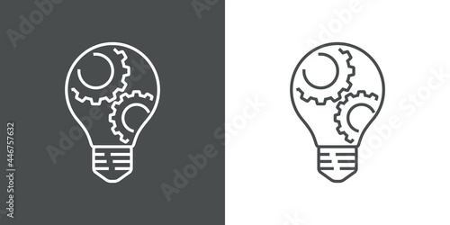 Logotipo de bombilla con engranaje con lineas en fondo gris y fondo blanco