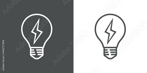 Logotipo con bombilla con relampago con lineas en fondo gris y fondo blanco