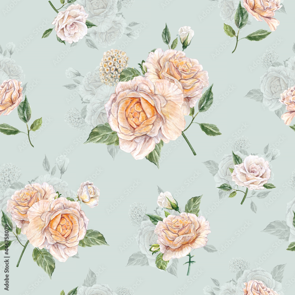 Realistic peach color vintage roses on the light blue-turquoise background. Seamless watercolor pattern. For textile print or wallpaper design, invitations for wedding, card design.