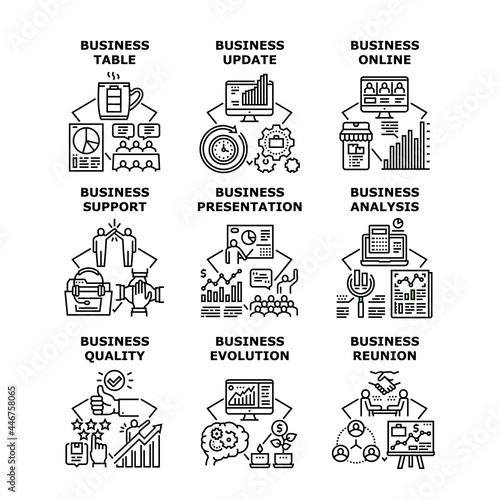 Business Evolution Set Icons Vector Illustrations. Business Evolution And Online Presentation, Table Reunion And Quality Analysis, Analysis Financial Report And Market Black Illustration