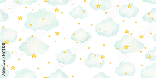 childrens seamless pattern with clouds and stars, cute childrens illustration