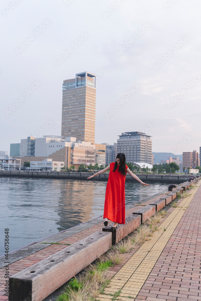 Naklejka premium 夕暮れの海にいる女性