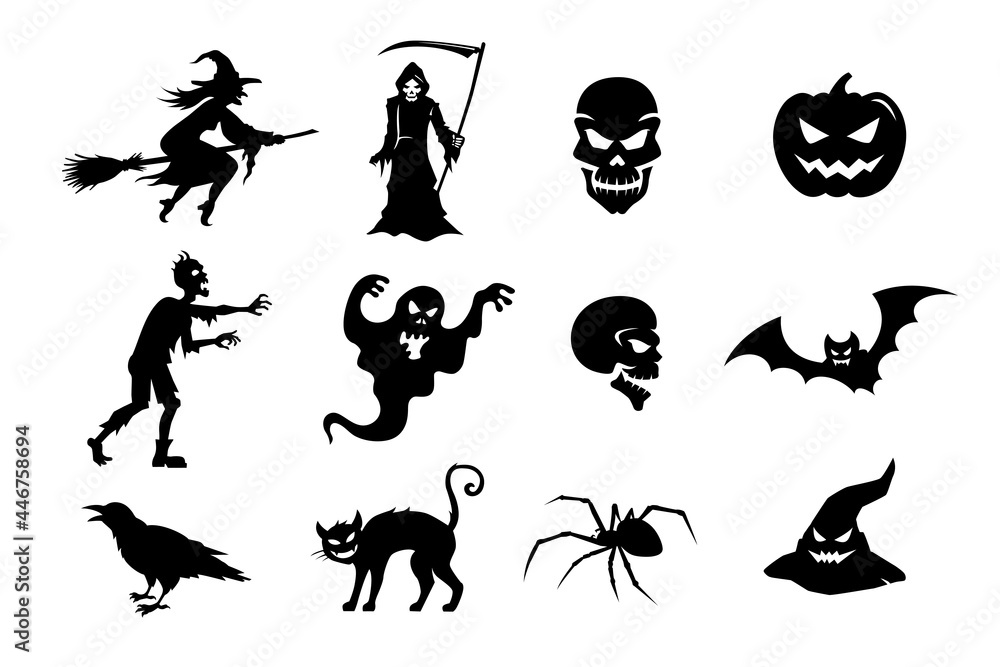 Halloween stickers. Black silhouettes of monsters, objects, elements in big vector set. Witch, zombie, pumpkin, ghost, Grim Reaper, cat, witch's hat, skull, crow, bat and spider isolated on white.