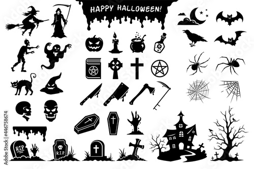 Halloween stickers. Black silhouettes of monsters, objects, elements and symbols in big vector set. Witch, witch house, zombie, pumpkin, ghost, spider, grave, crow, knife, blood, cross, bat, skull