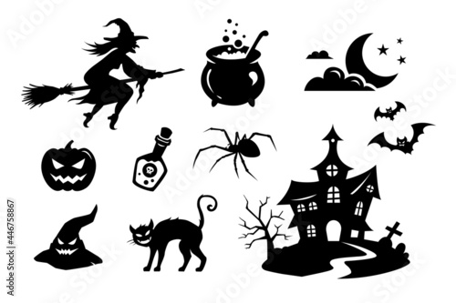 Halloween stickers vector set. Black silhouettes and icons of monsters, creatures and elements. Witch, cat, spider, witch house, bat, poison, pumpkin, witch hat, witchcauldron, moon, stars, clouds.