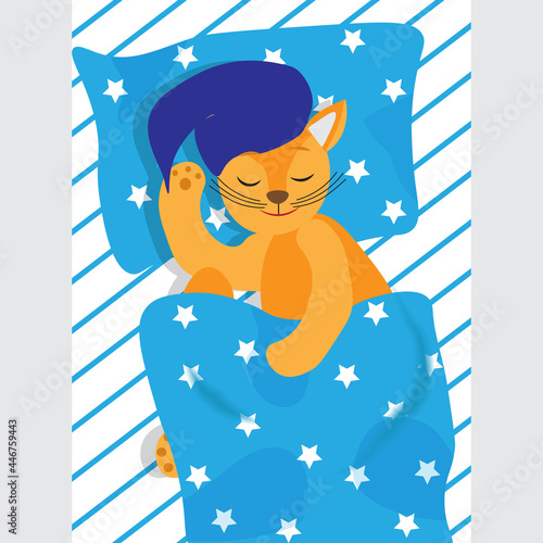 Cute cat sleeps on a striped sheet and a star pillow, covered with a star blanket, children's vector illustration