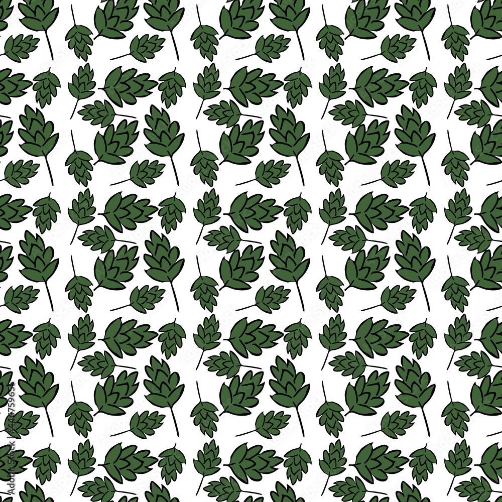 Seamless green leaves pattern. Doodle illustration with green leaves icons on white background. Vintage green leaves pattern, sweet elements background for your project, menu, cafe shop.
