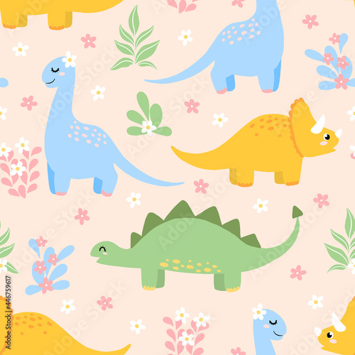 Cute dino pattern with funny characters for nurcery print. Childish repeat vector with dinosaur cartoon on pink background.