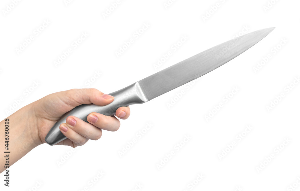 Woman hand with a kitchen knife, isolated on a white background photo Woman hand with a kitchen knife, isolated on a white background photo