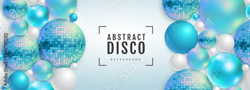 3D abstract background with holographic blue spheres and disco ball spheres. Disco ball background. Disco party poster. Vector illustration
