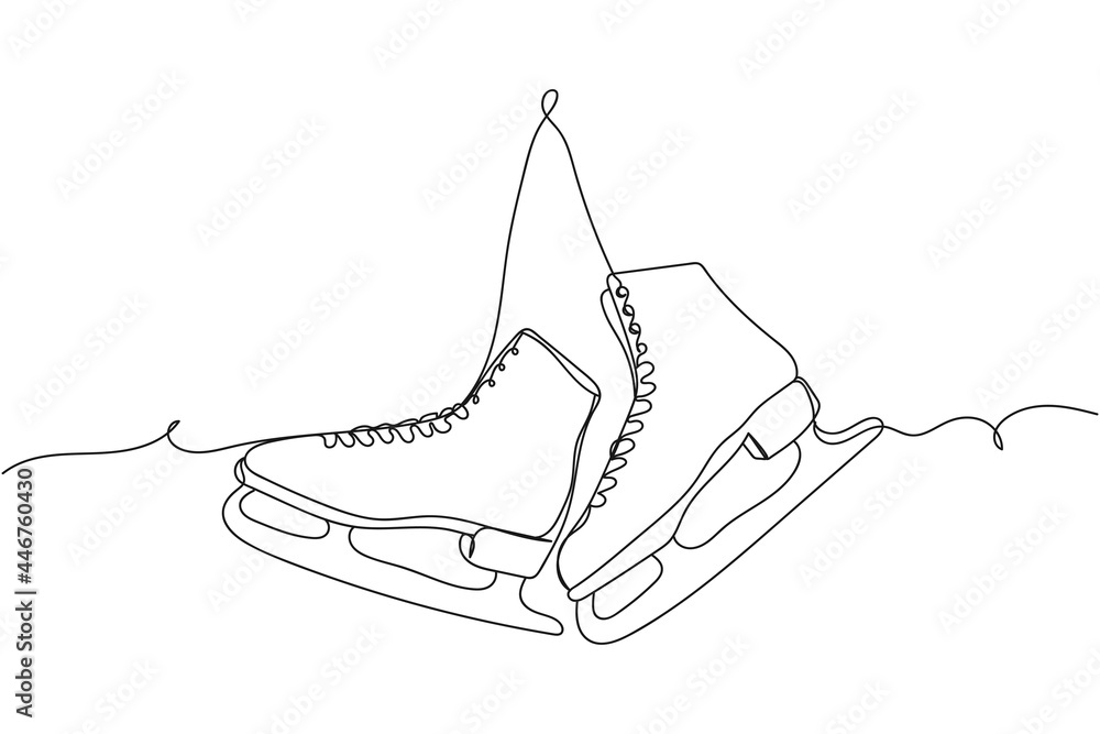 Continuous one line of pair of figure ice skates hanging in silhouette on a white background. Linear stylized.Minimalist. - obrazy, fototapety, plakaty 