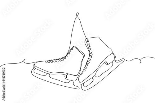 Continuous one line of pair of figure ice skates hanging in silhouette on a white background. Linear stylized.Minimalist.
