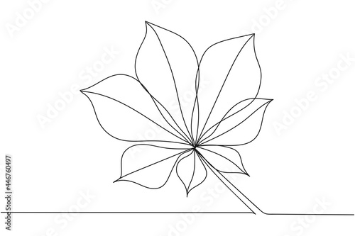 Continuous one line of one single leaf of horse chestnut tree in silhouette on a white background. Linear stylized.Minimalist.