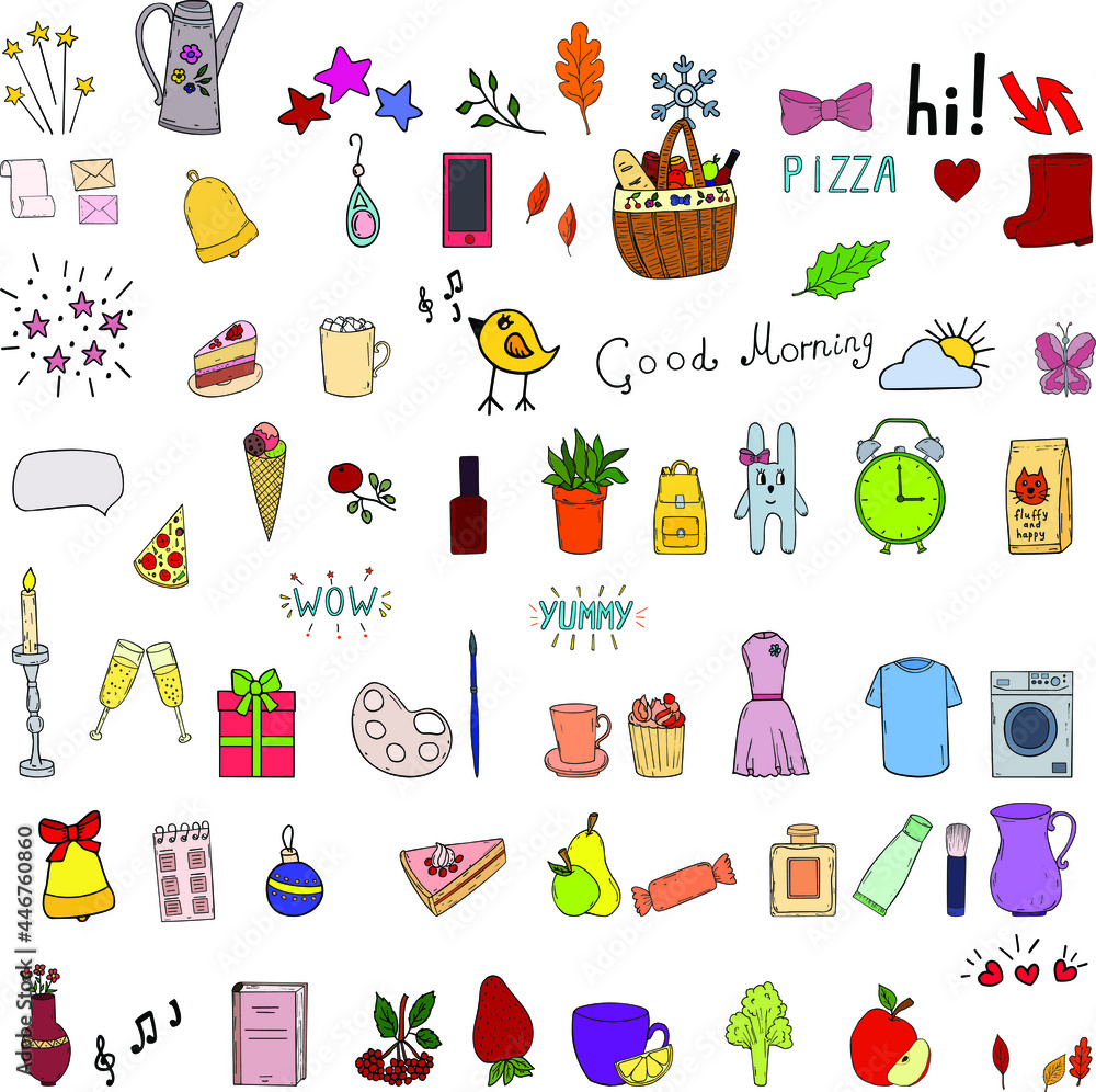 Hand drawn planner icons set. Everyday life symbols. Vector illustration, isolated on white background Hand drawn planner icons set. Everyday life symbols. Vector illustration, isolated on white background