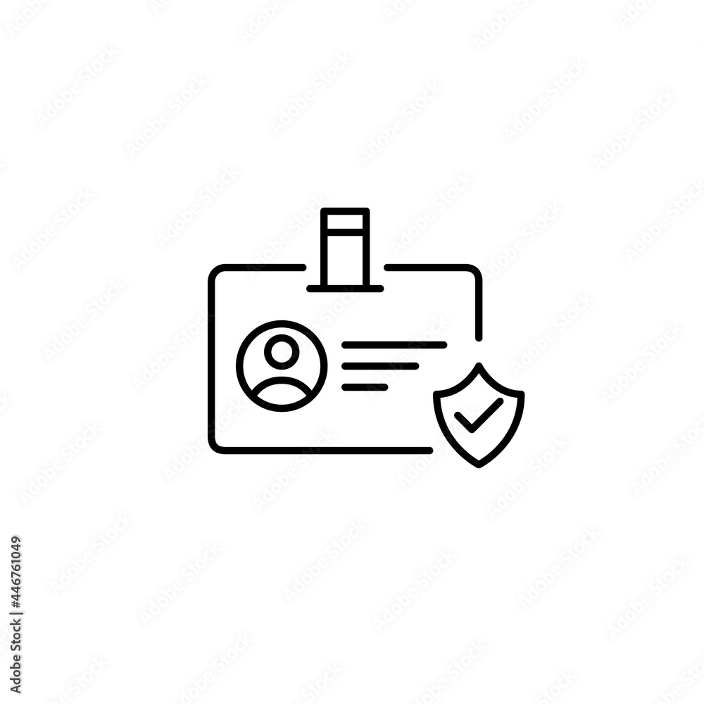 Secure profile icon. ID card with security shield sign. Pixel perfect, editable stroke Secure profile icon. ID card with security shield sign. Pixel perfect, editable stroke