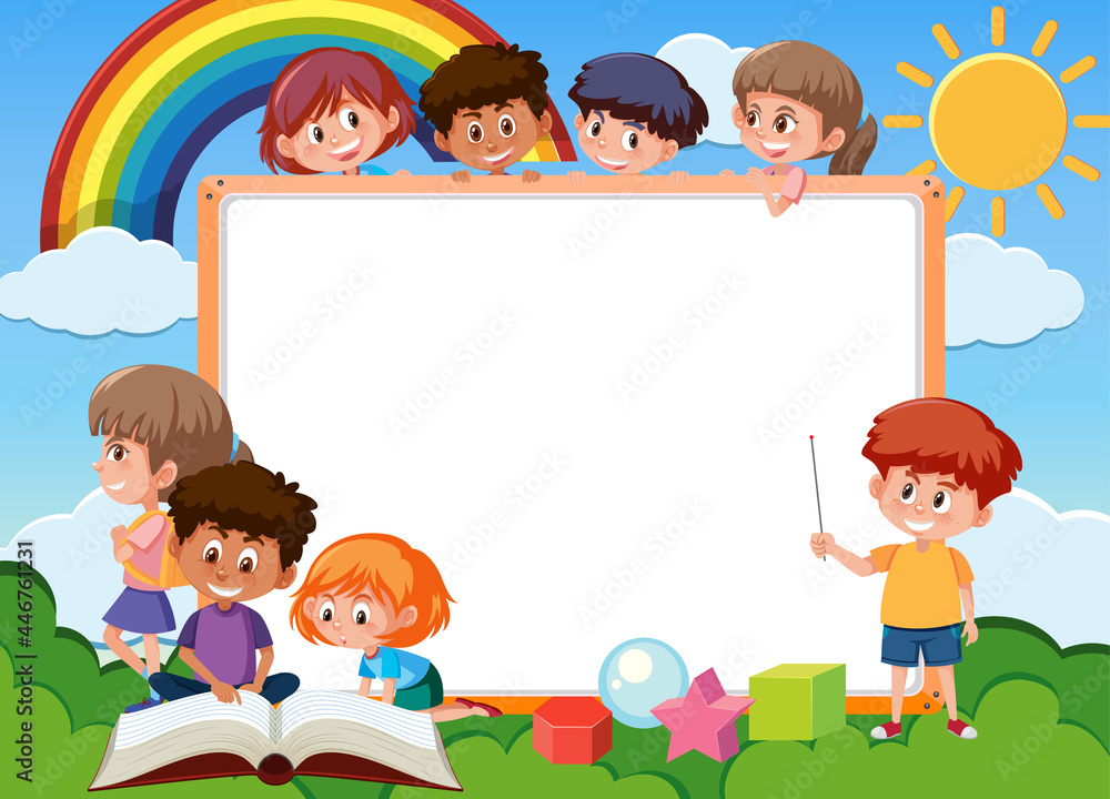 Empty board with many children cartoon character