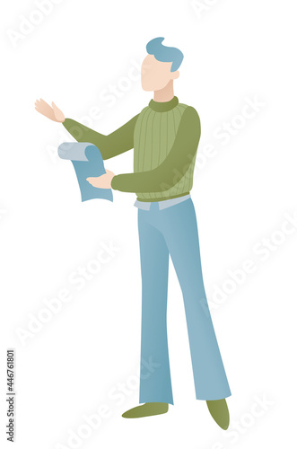 Young man poet reading his poetry. Writer author standing with his poem essay sheet scroll. World poetry day. Poet author male character isolated on white. Colorful cartoon flat vector illustration.