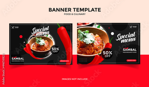 Social Media banner template post for food, restaurant and culinary, Red and black background color 