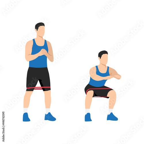 Man doing Banded squat exercise. Flat vector illustration isolated on white background