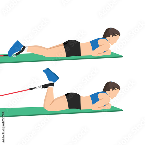 Woman doing Prone leg curl exercise. flat vector illustration isolated on white background