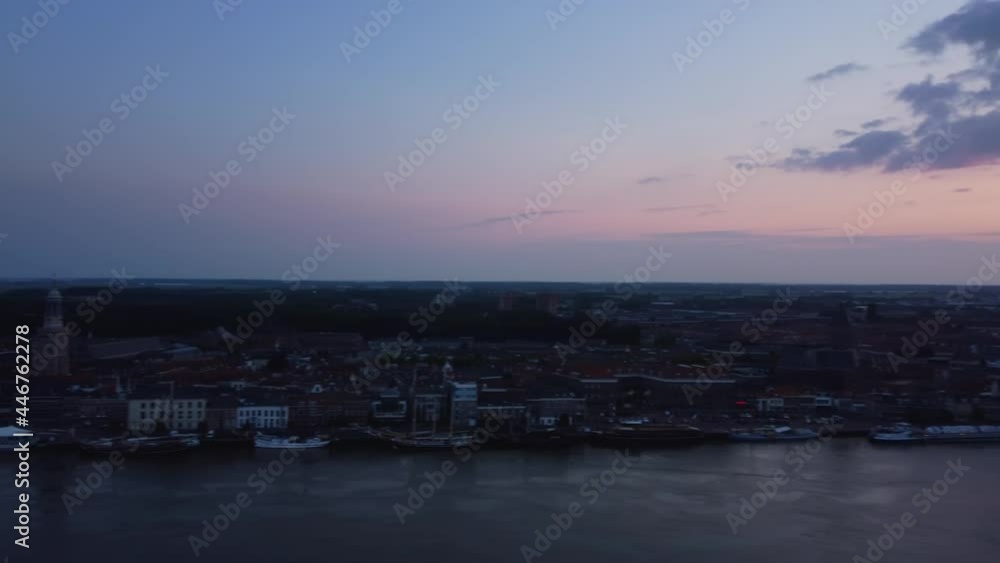 Evening drone view over the river Ijssel and the skyline of Kampen in Overijssel during summer Evening drone view over the river Ijssel and the skyline of Kampen in Overijssel during summer
