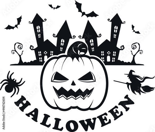 Spooky Halloween Pumkin with Haunted House, Spider and Flying Witch Vector Illustration