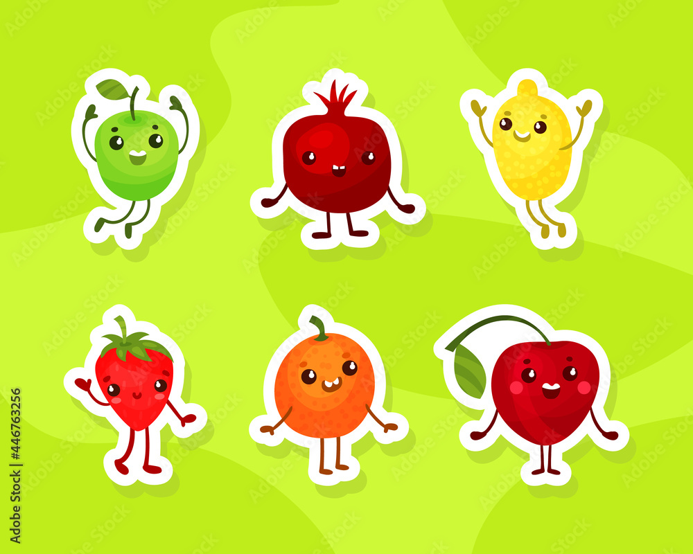 Obraz premium Funny Humanized Fruit Waving Hand and Jumping Sticker Vector Set