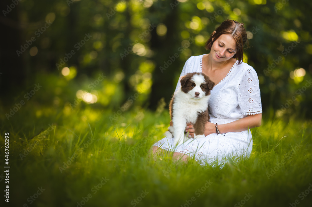 A female owner holding a cute border collie puppy A female owner holding a cute border collie puppy